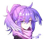  1girl black_sweater blue_eyes eyebrows_visible_through_hair fang fang_out from_side hair_behind_ear hair_ornament hairclip head_wings heterochromia highres karasawa_miko looking_at_viewer nijisanji nijisanji_en ponytail portrait purple_scarf scarf selen_tatsuki skin_fang smile solo sweater twitter_username violet_eyes virtual_youtuber white_background 