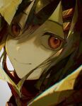  1other absurdres androgynous blurry blurry_foreground brown_hair chromatic_aberration close-up closed_mouth face hair_between_eyes hair_ornament hairclip highres looking_at_viewer medium_hair nowatari_hii original red_eyes smile solo white_background 