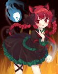  1girl :3 :d animal_ears bangs bell black_bow black_ribbon blue_fire blunt_bangs blush bow bowtie braid cat_ears cat_tail contrapposto cowboy_shot dark_background dress eyebrows_visible_through_hair fire flaming_skull floating_hair floating_skull forked_tail frills grey_dress hair_bow hair_ribbon hand_up highres hitodama jingle_bell juliet_sleeves kaenbyou_rin leaning_forward leg_ribbon long_sleeves looking_at_viewer mia_(0v0_xx) neck_bell nekomata open_mouth outer_glow puffy_sleeves red_bow red_bowtie red_eyes redhead ribbon smile solo standing tail touhou tress_ribbon twin_braids twintails 