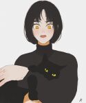  1girl akino_kogomi animal annoyed bangs black_hair cat highres holding holding_animal long_sleeves looking_at_another looking_down mole mole_under_eye mole_under_mouth open_mouth original parted_bangs short_hair turtleneck upper_body yellow_eyes 