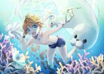  1boy absurdres barefoot blonde_hair blue_eyes bubble collarbone commentary_request coral hair_between_eyes highres holding kagamine_len open_mouth seal_(animal) short_hair swimsuit underwater vocaloid yukkurin 