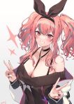  1girl azur_lane bangs black_choker breasts bremerton_(azur_lane) bremerton_(day-off_date)_(azur_lane) choker double_v eyebrows_visible_through_hair hair_ribbon hairband hands_up highres large_breasts looking_at_viewer nys off_shoulder parted_lips pink_hair red_eyes ribbon short_hair_with_long_locks smile solo sweater twintails upper_body v 