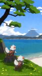  absurdres animal_focus clouds commentary_request day flower from_behind grass highres hisuian_growlithe mountain no_humans official_art outdoors pokemon pokemon_(creature) sand scenery shadow shore sky tree water watermark yellow_flower 