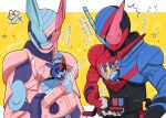  1010_mumumu 4boys animal_hood arguing blue_armor blue_eyes boxing_gloves build_driver compound_eyes crossover gloves ground_vehicle heterochromia highres hood kamen_rider kamen_rider_build kamen_rider_build_(series) kamen_rider_cross-z kamen_rider_revi kamen_rider_revice kamen_rider_vice kangaroo_genome military military_vehicle motor_vehicle multiple_boys pink_armor pink_gloves pouch rabbit rabbit+tank_form red_armor red_eyes tank trait_connection translation_request 