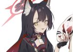  1girl animal_ear_fluff animal_ears bangs black_gloves black_hair black_nails blue_archive fangs fingerless_gloves flower flower_brooch fox_ears fox_mask from_side gloves hair_between_eyes hair_flower hair_ornament hair_ribbon hakuhatsu halo holding holding_mask long_hair looking_at_viewer mask parted_lips portrait red_ribbon ribbon simple_background smile solo wakamo_(blue_archive) white_background yellow_eyes 