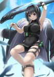  1girl absurdres arknights arm_up armpits bangs bare_arms bare_shoulders black_eyes black_hair black_jacket black_shirt black_shorts blue_sky breasts clouds commentary_request day engawa_(organic_sushi) eyebrows_visible_through_hair feathers foot_out_of_frame fur-trimmed_jacket fur_trim highres holding holding_scythe holding_weapon jacket jacket_removed la_pluma_(arknights) large_breasts looking_at_viewer parted_lips partial_commentary scythe shirt short_hair short_shorts shorts sky sleeveless sleeveless_shirt solo thigh_strap thighs weapon 