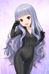 1girl absurdres alternative_girls black_bodysuit bodysuit breasts eyebrows_visible_through_hair highres hiiragi_tsumugi long_hair looking_at_viewer official_art open_mouth purple_background silver_hair small_breasts smile solo standing very_long_hair 
