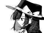  1girl bangs bow closed_mouth collared_shirt commentary eyebrows_behind_hair from_side frown greyscale hat hat_bow high_collar high_contrast highres looking_afar medium_hair monochrome nama_udon neck_ribbon portrait ribbon shirt simple_background solo touhou usami_renko white_background 