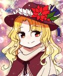  1girl bangs black_ribbon blonde_hair blue_bow bow brown_capelet brown_eyes brown_headwear capelet commentary_request eyebrows_visible_through_hair fedora flower flower_hat frilled_hat frills hat hat_bow hat_feather jacket_girl_(dipp) long_hair owannu parted_bangs red_flower ribbon scarf shirt smile touhou upper_body wavy_hair white_scarf white_shirt 