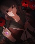  1girl absurdres bangs blunt_bangs bow bowtie closed_mouth commentary_request danganronpa_(series) danganronpa_v3:_killing_harmony eyebrows_visible_through_hair flower grey_bow grey_bowtie hair_ornament hairclip harukawa_maki highres liu_fenshou long_hair looking_at_viewer low_twintails lying mole mole_under_eye on_back red_eyes red_flower red_scrunchie red_shirt scrunchie shirt solo twintails 