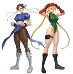  2girls absurdres adjusting_clothes adjusting_headwear ahoge antenna_hair beret blonde_hair blue_dress blue_eyes boots bracelet braid breasts brown_hair cammy_white chest_harness china_dress chinese_clothes chun-li closed_mouth commentary_request double_bun dress earrings fingerless_gloves full_body garrison_cap gloves green_leotard harness hat highres holster jewelry large_breasts leotard long_hair looking_at_viewer multiple_girls pantyhose pelvic_curtain scar spiked_bracelet spikes standing street_fighter street_fighter_v taejoo_lee thick_thighs thigh_holster thighs twin_braids 