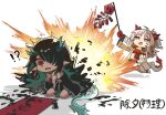  !? 2girls :d arknights bangs bare_shoulders black_hair black_jacket blue_shorts calligraphy calligraphy_brush chibi commentary_request dusk_(arknights) explosion fang firecrackers gloves green_gloves green_hair hair_over_one_eye horns jacket long_hair long_sleeves mabing multicolored_hair multiple_girls nian_(arknights) off_shoulder open_clothes open_jacket paintbrush red_eyes red_gloves redhead seiza shirt short_shorts shorts sitting sleeveless sleeveless_shirt smile streaked_hair surprised tail very_long_hair violet_eyes white_background white_hair white_jacket white_shirt wide_sleeves 