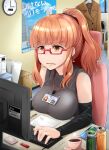  1girl arm_warmers blush breast_rest breasts clock coffee coffee_mug cup desk eyebrows_visible_through_hair girls_und_panzer glasses high_ponytail highres id_card indoors kitayama_miuki large_breasts long_hair monster_energy mug office office_lady on_desk open_mouth orange_eyes orange_hair ponytail qr_code ribbed_sweater shiny shiny_hair sleeveless solo sweater takebe_saori typing 