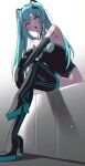  1girl aqua_eyes aqua_hair bare_shoulders breasts detached_sleeves full_body hatsune_miku high_heels highres long_hair looking_at_viewer open_mouth sitting skirt solo takio_(kani_sama) thigh-highs twintails very_long_hair vocaloid 