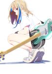  1girl absurdres bass_guitar blonde_hair bra_strap guitar highres instrument looking_at_viewer looking_back music original shoes sneakers white_background 