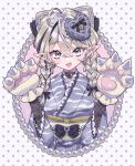  1girl animal_hands bangs bow braid choker eyebrows_visible_through_hair fang frills gloves grey_eyes hair_cones hair_ornament heart heart_hair_ornament highres japanese_clothes kimono looking_at_viewer minaramuda obi open_mouth original paw_gloves paw_pose pearl_hair_ornament platinum_blonde_hair pointy_ears polka_dot polka_dot_background sash solo twin_braids upper_body 