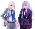  2girls 3_small_spiders absurdres ak-12_(girls&#039;_frontline) an-94_(girls&#039;_frontline) aqua_eyes aqua_jacket bangs belt blonde_hair blue_necktie closed_mouth eyebrows_visible_through_hair formal girls_frontline hand_in_pocket highres id_card jacket long_hair looking_at_viewer multiple_girls necktie official_alternate_costume open_clothes open_jacket pants ponytail purple_jacket red_shirt shirt silver_hair smile standing suit violet_eyes white_background white_necktie white_shirt 