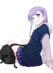  1girl bangs blue_eyes blush breasts coffeekite fate/extra fate/extra_ccc fate_(series) highres long_hair long_sleeves looking_at_viewer meltryllis_(fate) purple_hair skirt small_breasts smile solo 