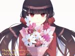  1girl :3 bangs black_hair blunt_bangs bouquet character_name closed_mouth danganronpa_(series) danganronpa_v3:_killing_harmony dated eyebrows_visible_through_hair flower grey_background hair_ornament hairclip happy_birthday harukawa_maki highres holding holding_bouquet long_sleeves low_twintails mq_meng_xin_ya pink_flower purple_flower red_eyes red_scrunchie red_shirt scrunchie shirt simple_background smile solo twintails white_flower 