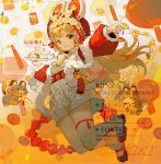  1girl :3 artist_name bangs bell blonde_hair chinese_commentary closed_mouth commentary_request creature english_text full_body fur_trim hand_up hat highres holding holding_plate kikihuihui leg_ribbon long_hair looking_at_viewer neck_tassel orange_eyes outstretched_arm plate red_ribbon red_tassel ribbon sample_watermark solo sparkle translation_request 