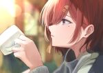  1girl absurdres blurry blurry_background coffee_cup cup depth_of_field disposable_cup highres higuchi_madoka idolmaster idolmaster_shiny_colors japanese_clothes lens_flare looking_afar marishiten_(mar1sh110) mole mole_under_eye portrait profile red_eyes redhead solo sunlight 