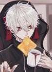  banechiii bangs bread bread_slice cup ear_piercing eyebrows_visible_through_hair food grey_hair hair_between_eyes highres holding holding_cup jacket jewelry kuzuha_(nijisanji) long_sleeves male_focus nijisanji open_mouth piercing pointy_ears red_eyes virtual_youtuber 