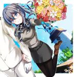  1boy 1girl absurdres admiral_(kancolle) alternate_costume arm_hug black_legwear blue_eyes blue_hair bouquet brown_footwear church_tower dutch_angle gotland_(kancolle) grey_skirt grey_sweater head_out_of_frame highres kantai_collection long_hair looking_at_viewer mole mole_under_eye pantyhose parted_lips ponytail skirt smile solo_focus standing standing_on_one_leg sweater watarino 