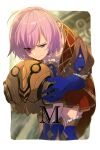  1girl blue_gloves blue_legwear cosplay cowboy_shot echo_(circa) eyes_visible_through_hair fate/grand_order fate_(series) gloves hair_over_one_eye headgear leonardo_da_vinci_(fate) leonardo_da_vinci_(fate)_(cosplay) mash_kyrielight print_sleeves puff_and_slash_sleeves puffy_sleeves purple_hair short_hair solo violet_eyes 