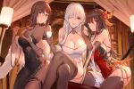  3girls ahoge anastasia_(fate) aqua_eyes black_hair brown_eyes brown_hair china_dress chinese_clothes choko_(cup) chopsticks cleavage_cutout clothing_cutout cup curtains dress elbow_gloves fate/empire_of_dirt fate/grand_order fate_(series) food gloves hair_ornament hair_over_one_eye indoors lamp liu_xiu_(fate/empire_of_dirt) looking_at_viewer multiple_girls open_mouth red_dress red_eyes side_slit silver_hair sleeveless sleeveless_dress smile sushi swd3e2 thigh-highs yu_mei-ren_(fate) 