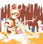  1girl :3 animal_ears bangs bare_legs barefoot bell black_choker box brown_background brown_hair brown_shirt brown_shorts brush cat_ears cat_tail choker closed_mouth commentary_request english_text eraser eyebrows_visible_through_hair feet food goutokuji_mike hair_between_eyes highres ice_cream itomugi-kun looking_at_viewer milk milk_carton multicolored_clothes multicolored_hair multicolored_shirt multicolored_shorts neck_bell orange_background orange_eyes orange_hair orange_shirt orange_shorts paintbrush pencil polka_dot polka_dot_background puffy_short_sleeves puffy_sleeves shirt short_hair short_sleeves shorts sitting smile snowman solo t-shirt tail toes touhou white_hair white_shirt white_shorts wristband 