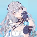  absurdres armor asymmetrical_gloves blue_stripes breasts bronya_zaychik_(silverwing:_n-ex) cellphone cross cross_earrings dress drill_hair earrings gloves grey_eyes grey_hair highres holding holding_phone honkai_(series) honkai_impact_3rd jewelry large_breasts mismatched_gloves pauldrons phone shoulder_armor simple_background single_pauldron single_sleeve sleeveless sleeveless_dress tiara twin_drills vividambitions white_dress white_sleeves 