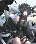  1girl arknights arm_up bangs bare_shoulders black_gloves black_hair black_jacket black_shorts breasts commentary_request fingerless_gloves fur-trimmed_sleeves fur_trim gloves grey_eyes grey_shirt jacket la_pluma_(arknights) long_sleeves looking_at_viewer medium_breasts off_shoulder open_clothes open_jacket parted_lips rai_(limetree_garden) shirt short_hair short_shorts shorts sleeveless sleeveless_shirt solo thigh_strap thighs 