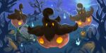  :&lt; absurdres bare_tree closed_mouth fangs fangs_out highres hill jack-o&#039;-lantern jjfsantos moss night no_humans orange_eyes outdoors pokemon pokemon_(creature) pumpkaboo tombstone tree 