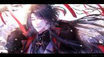  1boy amata1006 bangs black_coat black_hair cape coat commentary_request eyebrows_visible_through_hair fate/grand_order fate_(series) fur-trimmed_cape fur_trim grey_eyes high_collar highres long_hair looking_at_viewer male_focus open_mouth smile solo tai_gong_wang_(fate) 