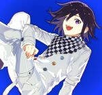  1boy :d bangs black_hair blue_background buttons checkered_clothes checkered_scarf commentary_request danganronpa_(series) danganronpa_v3:_killing_harmony double-breasted from_side grey_jacket jacket kotneciii long_sleeves looking_at_viewer ouma_kokichi pants scarf shiny shiny_hair smile solo teeth upper_teeth violet_eyes white_pants 