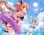  2girls :d animal_ears armpits arms_up ass bikini black_bikini blonde_hair blue_bow blue_hair blue_sky bow breasts character_request clouds collarbone cowboy_shot day eyebrows_visible_through_hair floating_hair frilled_bikini frills groin hair_bow hair_intakes highres iku2727 innertube long_hair multiple_girls navel ocean open_mouth outdoors palm_tree rabbit_ears red_bow red_eyes side-tie_bikini sky small_breasts smile standing summer sun swimsuit thigh_strap tied_hair tree twintails very_long_hair wading white_bikini yellow_eyes 