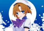  1girl absurdres bangs blue_eyes bow bowtie brown_hair dress eyebrows_visible_through_hair hair_between_eyes hair_intakes hat highres higurashi_no_naku_koro_ni looking_at_viewer open_mouth poyadevil purple_bow purple_bowtie ryuuguu_rena short_hair short_sleeves solo upper_body white_dress white_headwear 