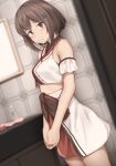  1girl blurry blurry_background blush breasts brown_eyes brown_hair cowboy_shot driftkingtw dutch_angle eyebrows_visible_through_hair hair_between_eyes kantai_collection mirror official_alternate_costume parted_lips shirt short_hair short_sleeves skirt small_breasts solo tan_yang_(kancolle) white_shirt white_skirt yukikaze_(kancolle) 