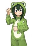  1girl :&gt; absurdres animal_costume asui_tsuyu bangs boku_no_hero_academia commentary dark_green_hair english_commentary frog_costume hair_between_eyes highres hood hood_up long_sleeves looking_at_viewer simple_background smile solo sookmo stuffed_animal stuffed_frog stuffed_toy white_background 
