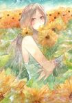 1girl bangs blush brown_eyes brown_hair field flower flower_field holding holding_flower long_hair looking_to_the_side object_hug original outdoors painting_(medium) parted_bangs parted_lips potato_(popopopopo623) sleeveless solo sunflower traditional_media watercolor_(medium) 