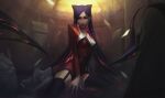  1girl absurdres alternate_costume bangs between_legs black_hair breasts closed_mouth english_commentary evelynn_(league_of_legends) garter_straps hair_horns hand_between_legs highres jacket large_breasts league_of_legends long_hair long_sleeves looking_at_viewer red_jacket smile solo thigh-highs very_long_hair vincent_t_(oriaarts) 