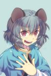  1girl animal_ears bangs blue_background blue_capelet capelet commentary_request crying dress eyebrows_visible_through_hair grey_dress grey_hair hair_between_eyes hand_up highres long_sleeves looking_at_viewer mouse_ears nayozane_(worker7) nazrin puffy_long_sleeves puffy_sleeves red_eyes shirt short_hair simple_background solo tears teeth tongue touhou upper_body white_shirt white_sleeves 