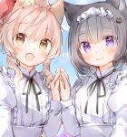  2girls :d animal_ear_fluff animal_ears bangs black_hair black_ribbon blue_sky bow brown_eyes cat_ears cat_hair_ornament closed_mouth clouds commentary day dress eyebrows_visible_through_hair fang hair_between_eyes hair_bow hair_ornament hairclip hand_up juliet_sleeves komugi_(wataame27) long_sleeves multiple_girls name_tag neck_ribbon original outdoors pink_hair puffy_sleeves red_bow ribbon sky smile upper_body violet_eyes wataame27 white_dress wolf-chan_(wataame27) wolf_ears 