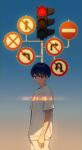  1boy absurdres arms_at_sides black_eyes blurry blurry_background closed_mouth cowboy_shot dark_blue_hair dated highres looking_at_viewer no_u-turn_sign on_(onon2659) original pants road_sign shirt short_hair sign solo standing traffic_light white_shirt 