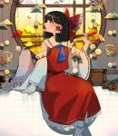  1girl absurdres ascot bow brown_hair collar detached_sleeves feet_out_of_frame gohei hair_bow hair_tubes hakurei_reimu highres indoors kyomunohi long_hair looking_to_the_side red_bow red_eyes red_shirt ribbon shirt sitting skirt solo touhou white_collar window 