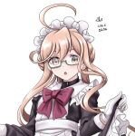  1girl alternate_costume apron blonde_hair double_bun enmaided glasses gloves green-framed_eyewear kantai_collection long_sleeves maid maid_apron maid_headdress makigumo_(kancolle) simple_background solo tk8d32 twintails upper_body white_apron white_background white_gloves yellow_eyes 
