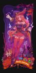  1girl absurdres animal bangs bare_shoulders bat black_background black_cat black_dress candle cat character_name commentary_request detached_sleeves dress fire flame frilled_skirt frilled_sleeves frills ghost halloween hat highres league_of_legends long_hair miss_fortune_(league_of_legends) pink_skirt pumpkin purple_footwear red_legwear ruan_chen_yue shoes skirt strapless strapless_dress thigh-highs tree witch_hat zettai_ryouiki 