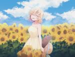  1girl alternate_costume blonde_hair blue_sky blush breasts clouds cowboy_shot facing_viewer field flower flower_field hair_between_eyes hair_ornament hat headwear_removed hololive hololive_english medium_breasts mitsumine_(ookami_no_oyashiro) monocle_hair_ornament short_hair sky smile solo straw_hat sunflower teeth watson_amelia 