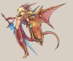 1girl blonde_hair blue_eyes breasts clip_studio_paint_(medium) closed_mouth dragon_girl full_body grey_background hair_between_eyes holding holding_shield holding_sword holding_weapon horns long_hair looking_at_viewer medium_breasts monster_girl navel original shield simple_background solo spread_wings sword tail weapon yuugiri