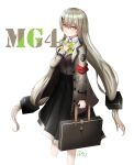  1girl absurdres bangs black_skirt blush bow bowtie breasts brown_jacket brown_vest character_name closed_mouth eyebrows_visible_through_hair girls_frontline green_bow green_bowtie grey_eyes grey_hair hair_ornament hairclip highres holding_case jacket long_hair looking_at_viewer mg4_(girls&#039;_frontline) open_clothes open_jacket ryn_(rinorea) shirt skirt solo standing twintails vest white_background white_shirt 